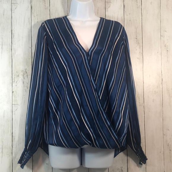 White House Black Market Striped Long Sleeve Surplice Blouse Medium - Picture 1 of 11